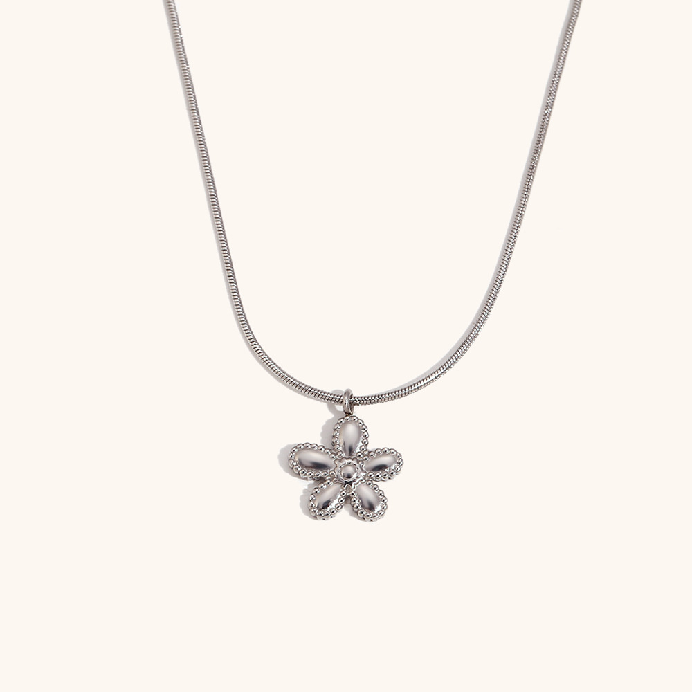 Thin Snake Chain Flower Pendant Necklace-Steel Color