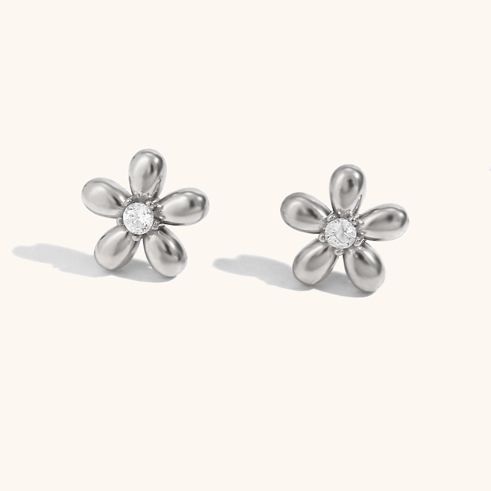 Mini zircon flower stud earrings-steel color