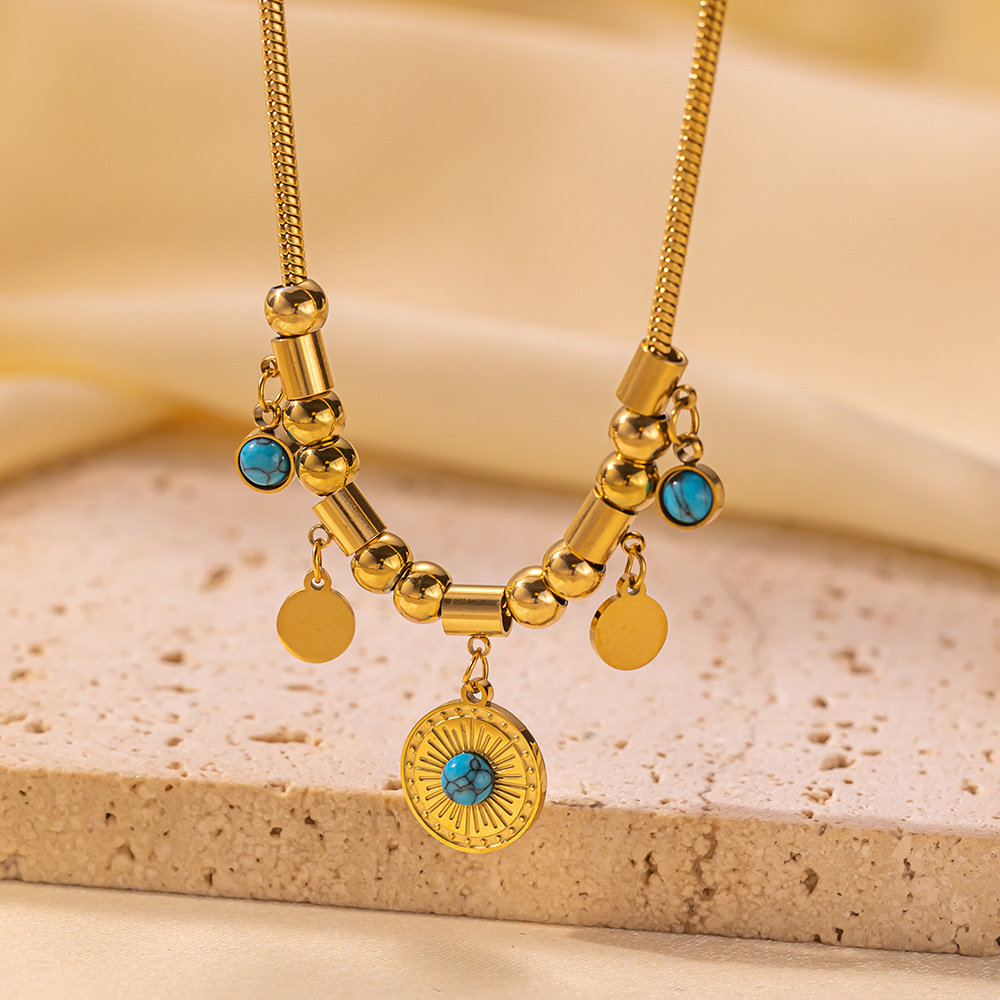 【tsh1009】round turquoise necklace gold