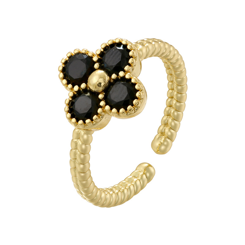 Gold black diamond twist edge four-leaf clover ring