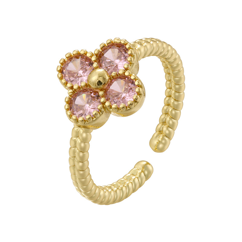 Gold pink diamond twist edge four-leaf clover ring