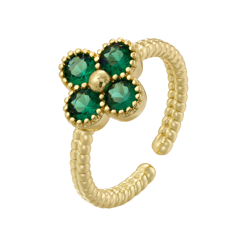 Golden green diamond twist edge four leaf clover ring