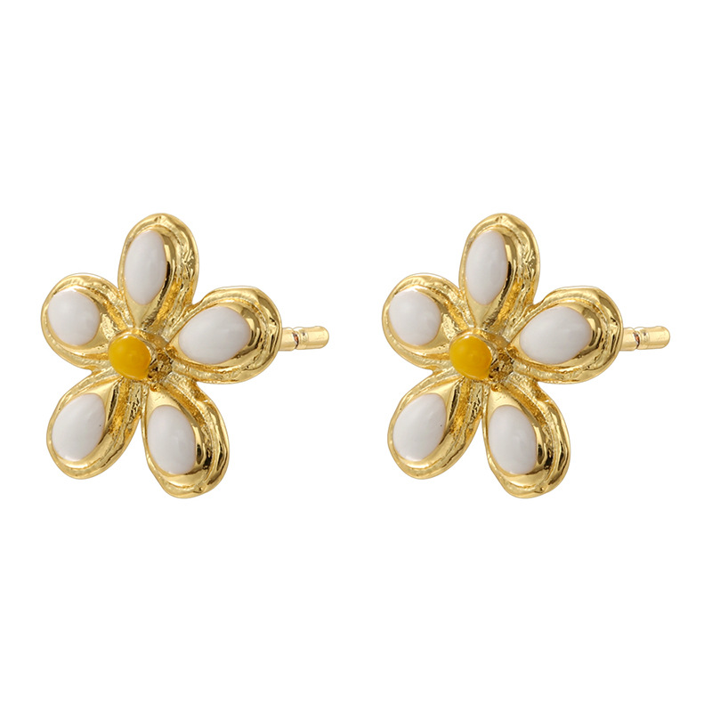 1 pair of golden white oil dripping five-petal flower earrings