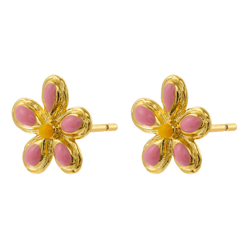 1 pair of golden pink oil dripping five-petal flower earrings