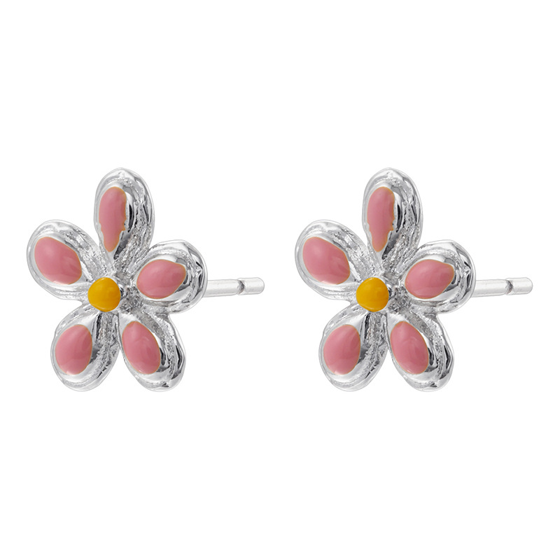 1 pair of white gold pink oil dripping five-petal flower earrings