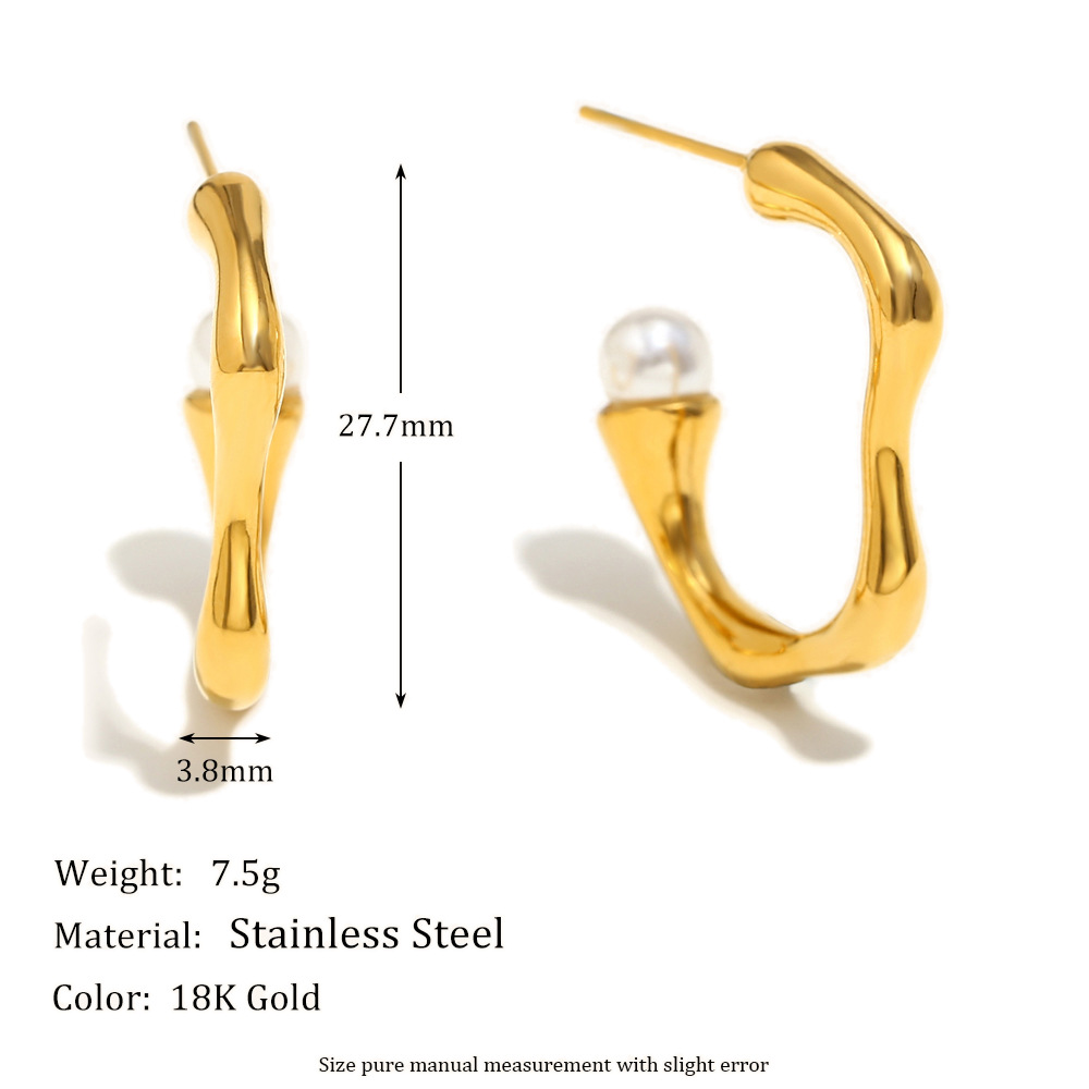 Simple line c-shaped pearl earrings-gold