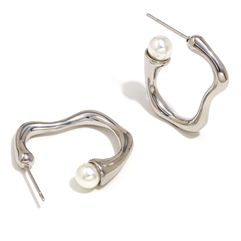 Simple line c-shaped pearl earrings-steel color