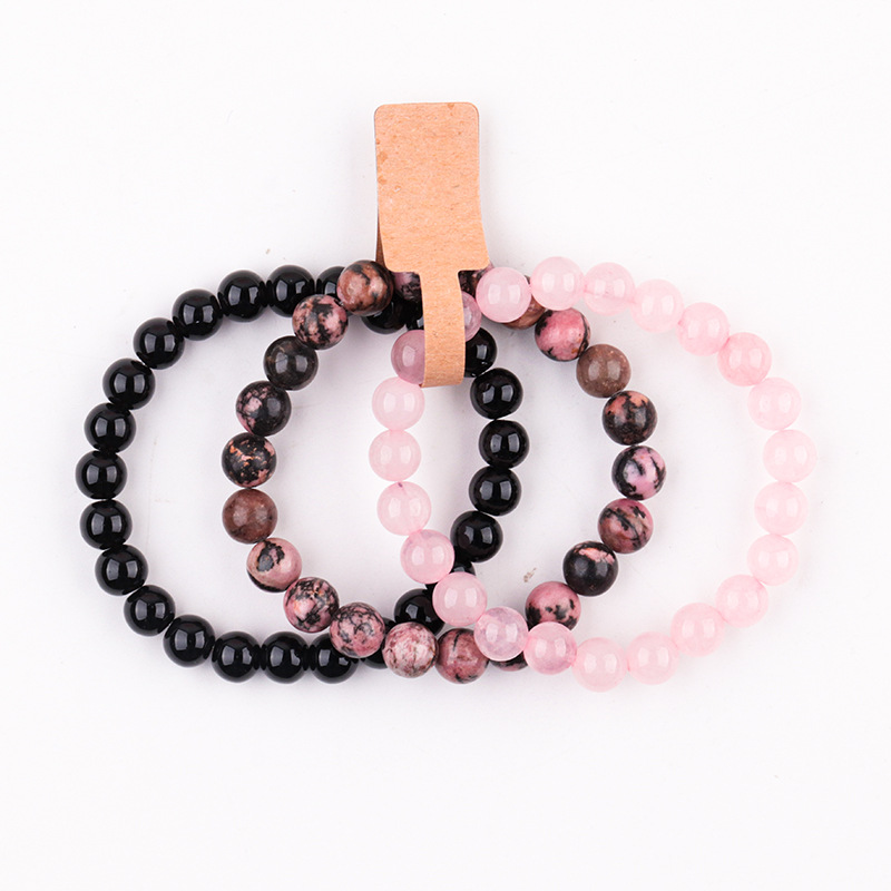 Pink crystal   black line red pattern   bright black agate bracelet suit (three pieces)