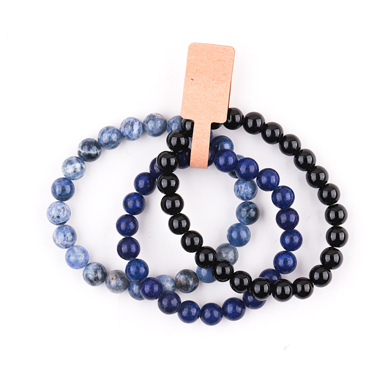 Lapis lazuli   bright black agate   blue pattern bracelet suit (three pieces)