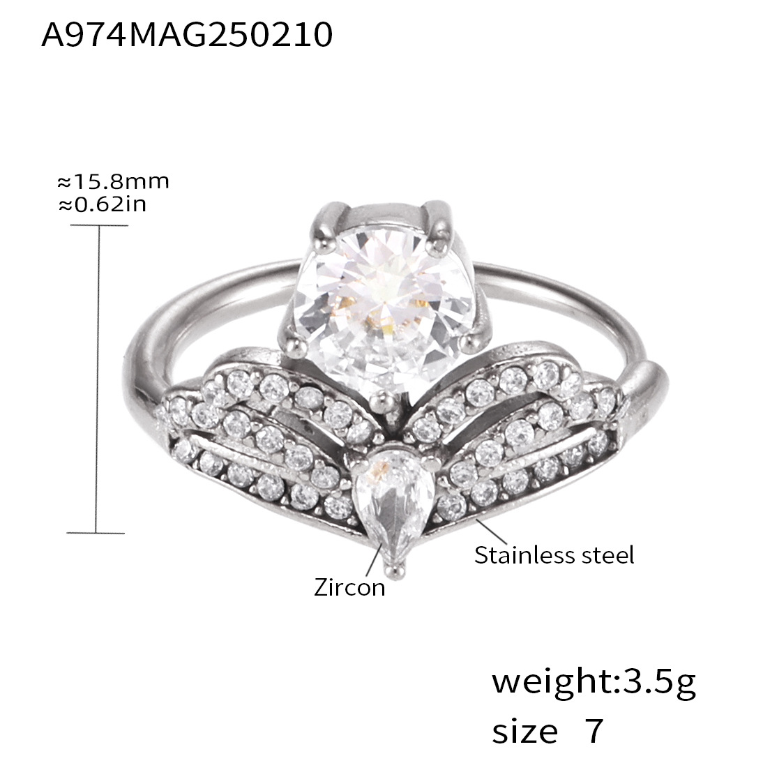 A974-steel color white zircon ring