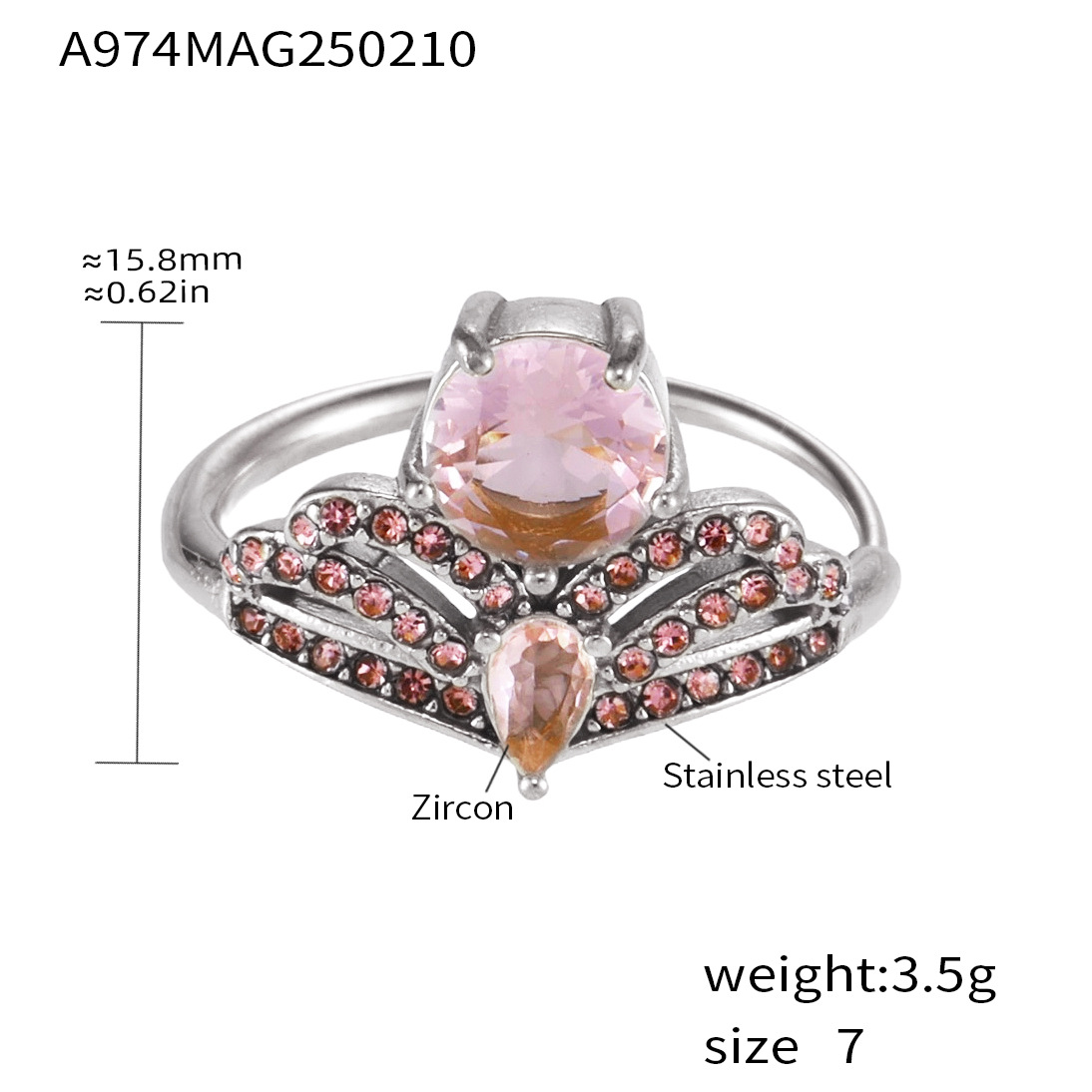 A974-steel color pink zircon ring