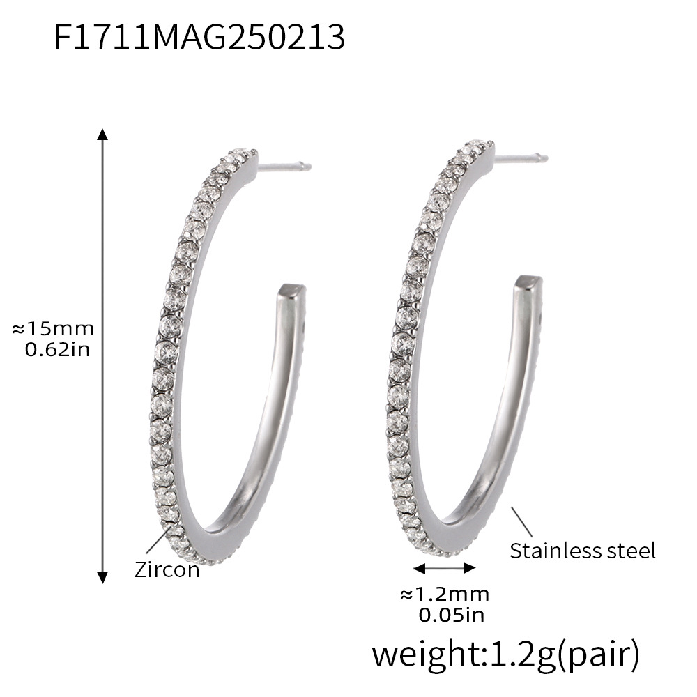 F1711-a style-steel color white zircon earrings-15mm