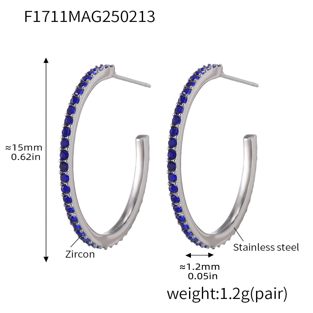 F1711-a style-steel color blue zircon earrings-15mm