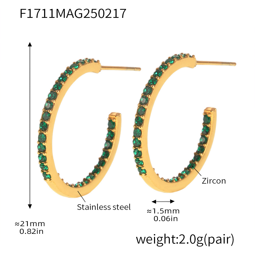 F1711-b style-gold inner and outer green zircon earrings-21mm