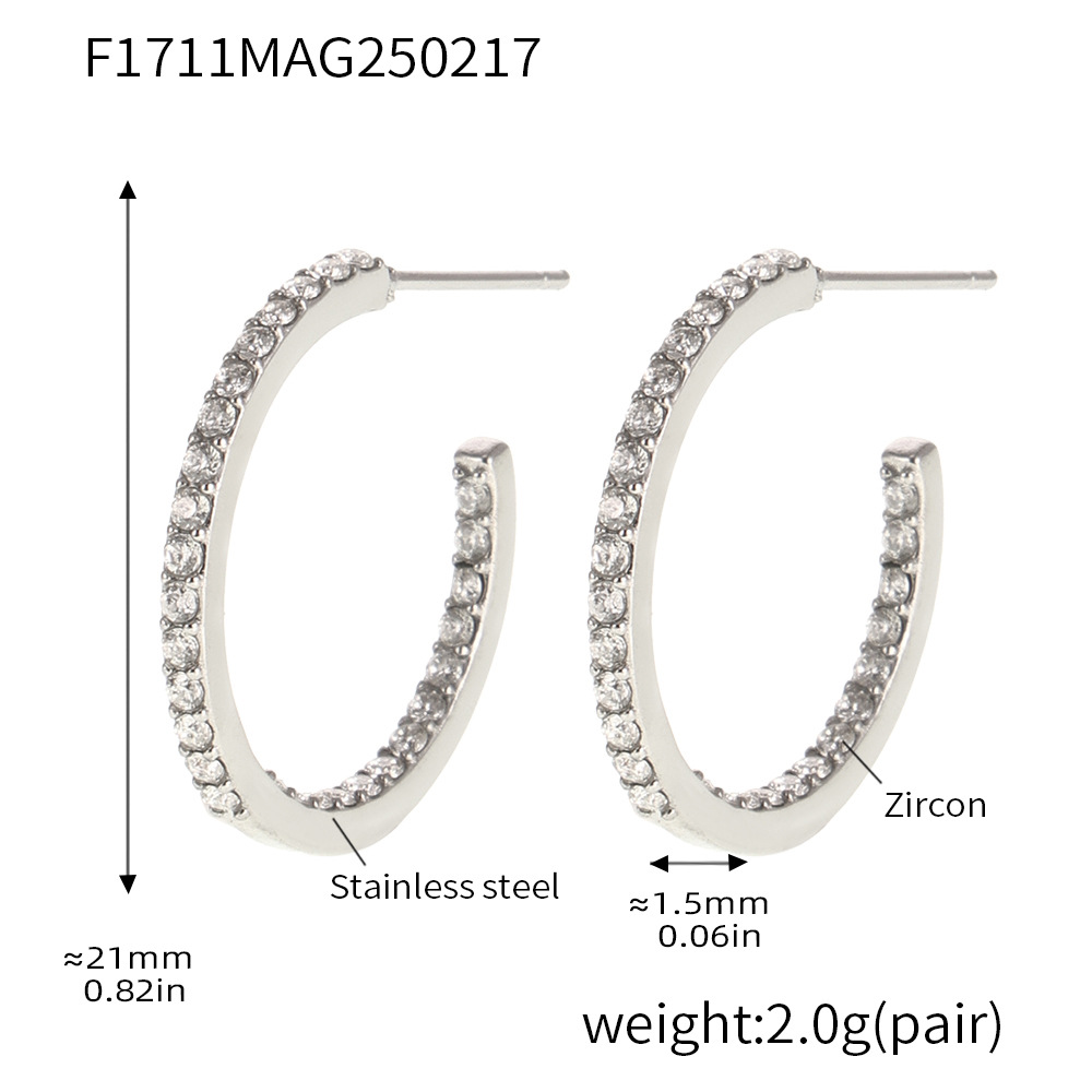 F1711-b model-steel color inner and outer white zircon earrings-21mm