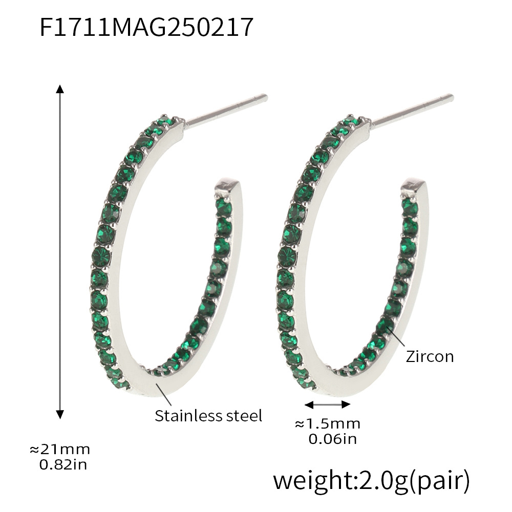 F1711-b model-steel color inner and outer green zircon earrings-21mm