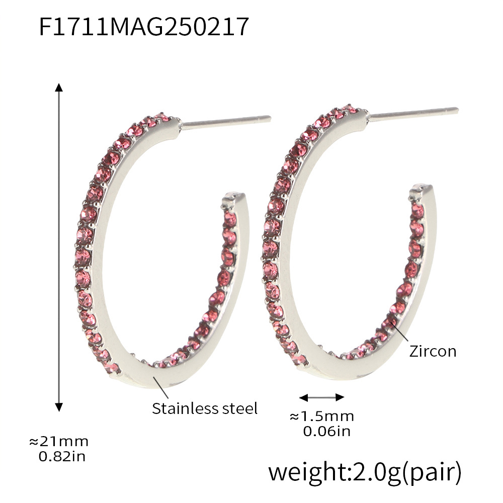 F1711-b model-steel color inner and outer pink zircon earrings-21mm