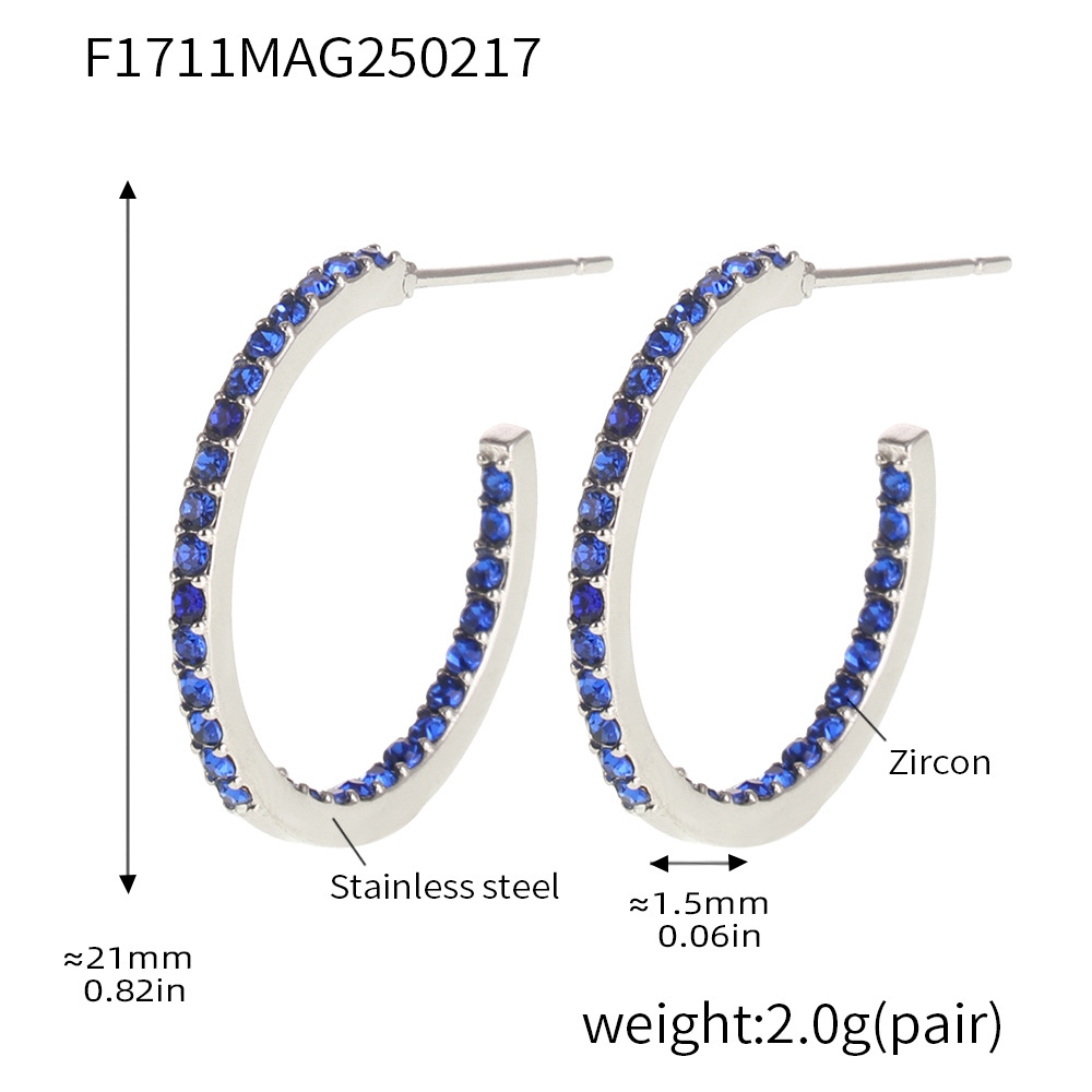 F1711-b model-steel color inner and outer blue zircon earrings-21mm