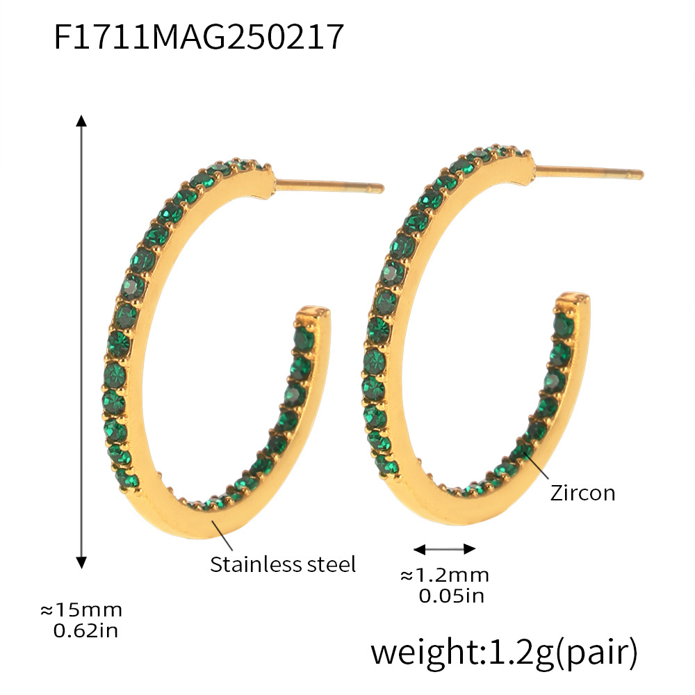 F1711-b style-gold inner and outer green zircon earrings-15mm