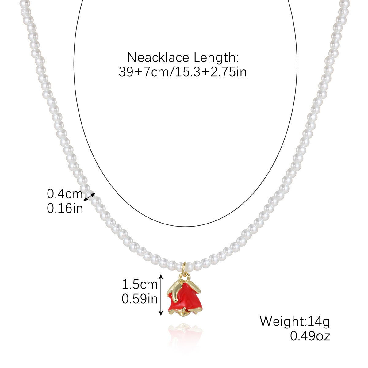 N2411-22 red rose pendant pearl necklace