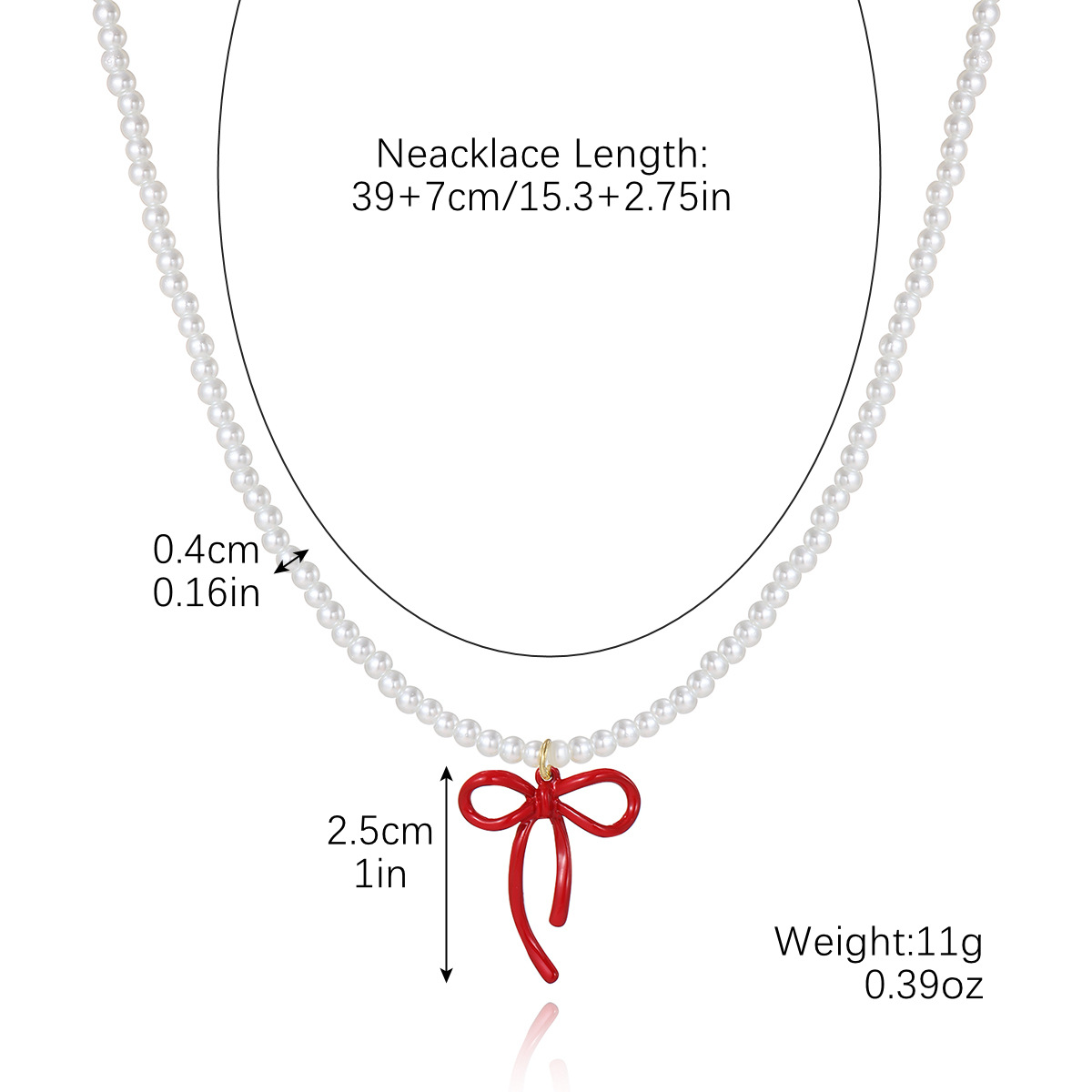 N2411-24 red bow pendant pearl necklace