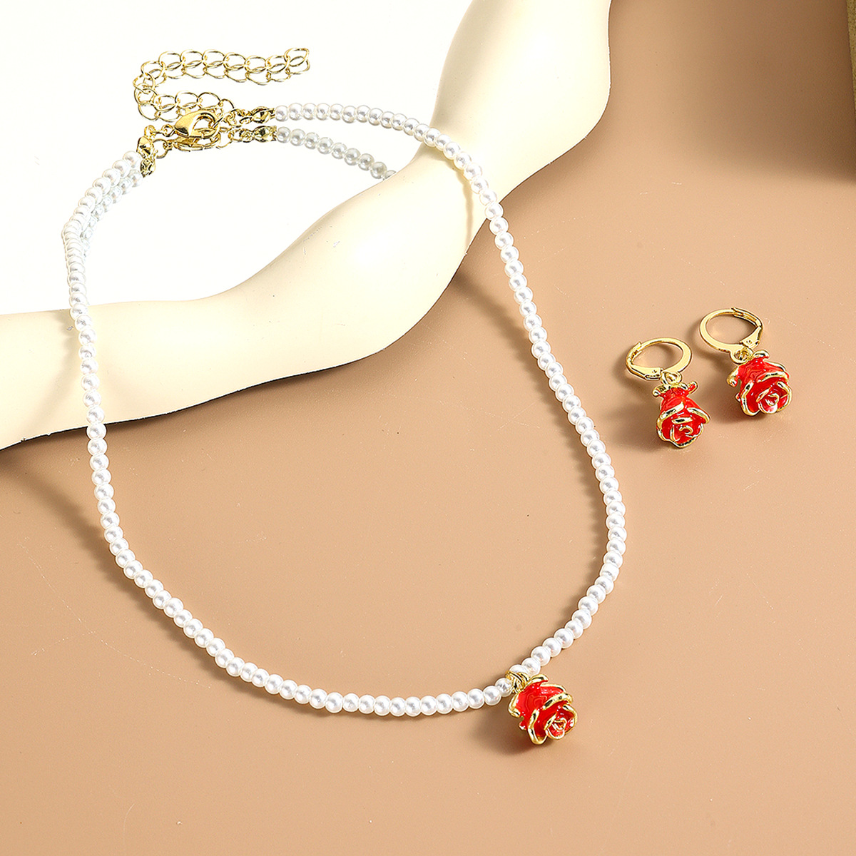 N2411-22t2 red rose earrings necklace set