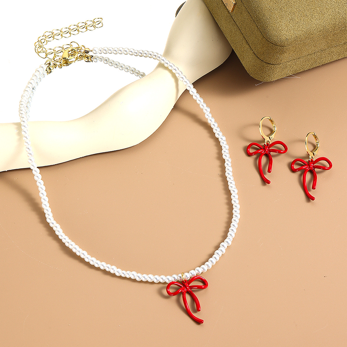 N2411-24t2 red bow earrings necklace set