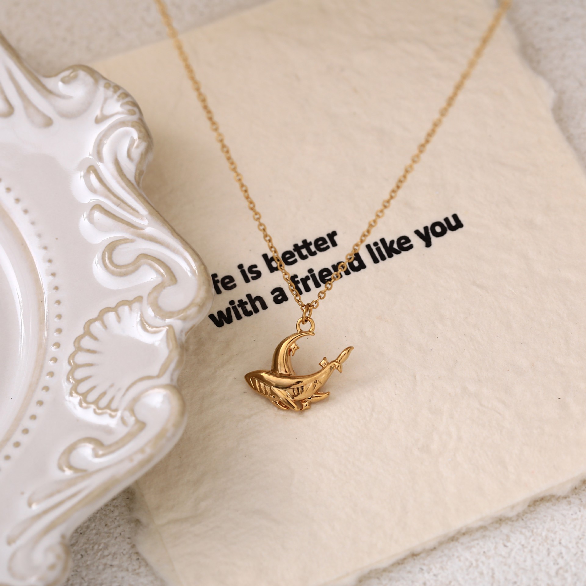 Whale and half moon necklace