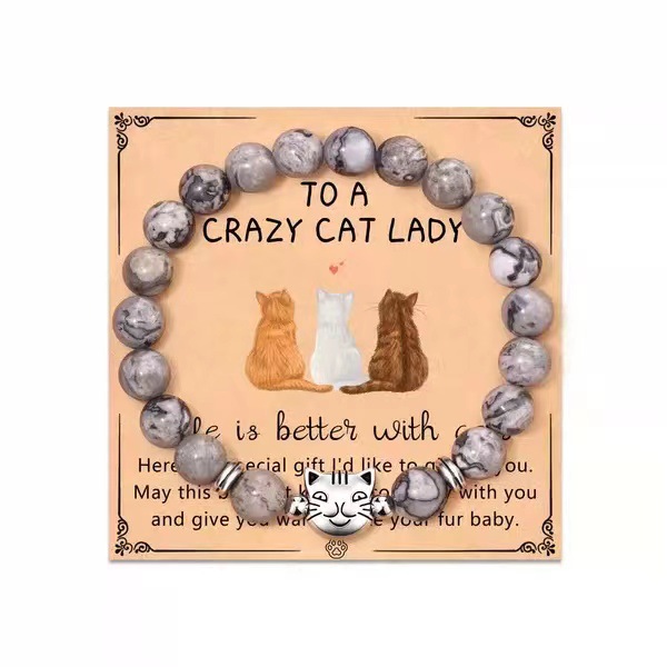 Map Stone CAT head beads   CAT LADY card