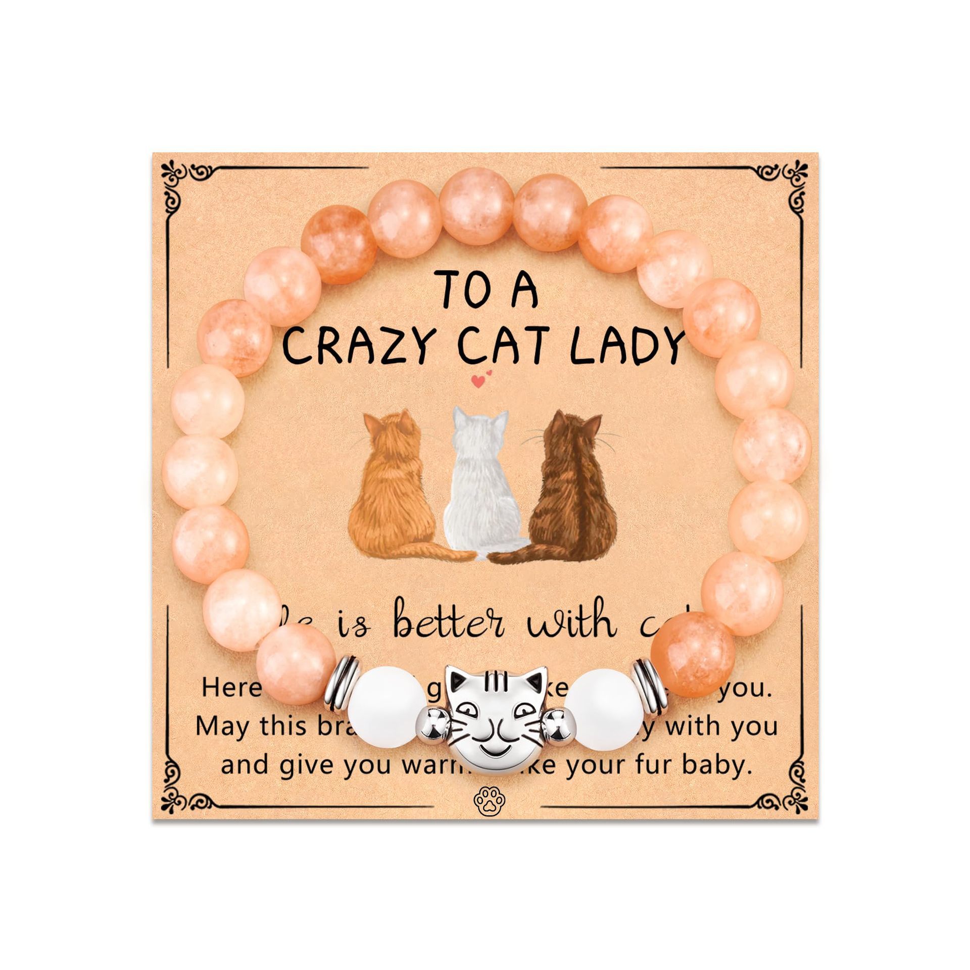 Orange CAT head beads   white chalcedony   CAT LADY card