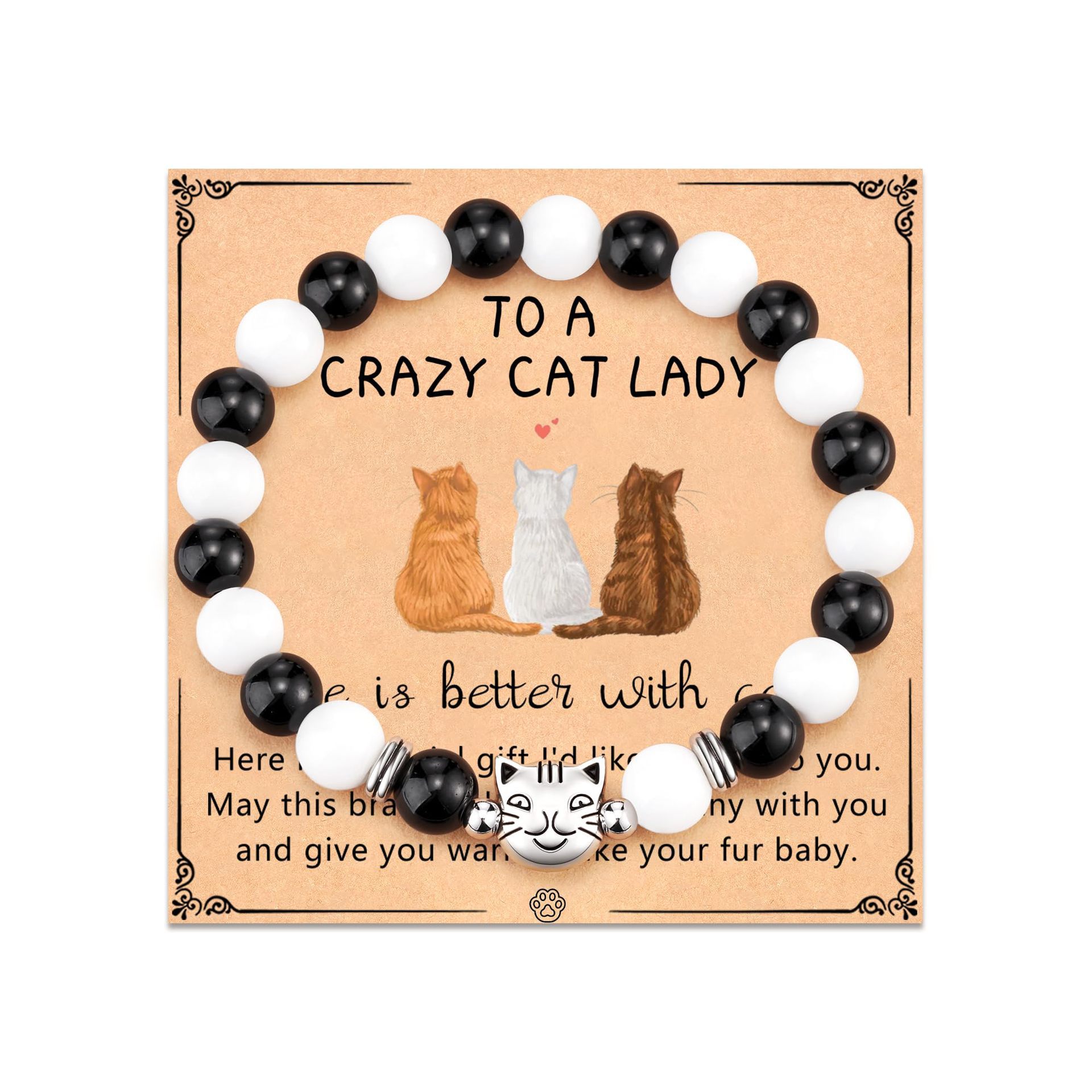 Obsidian CAT head beads   white chalcedony   CAT LADY card