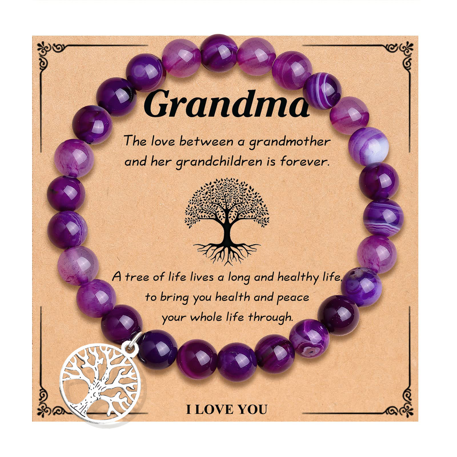 6MM purple agate tree of life Grandma card