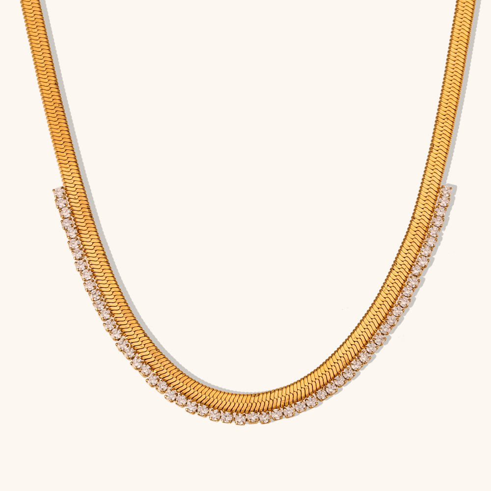 Zircon Fishbone stitching necklace-Gold-white diamond