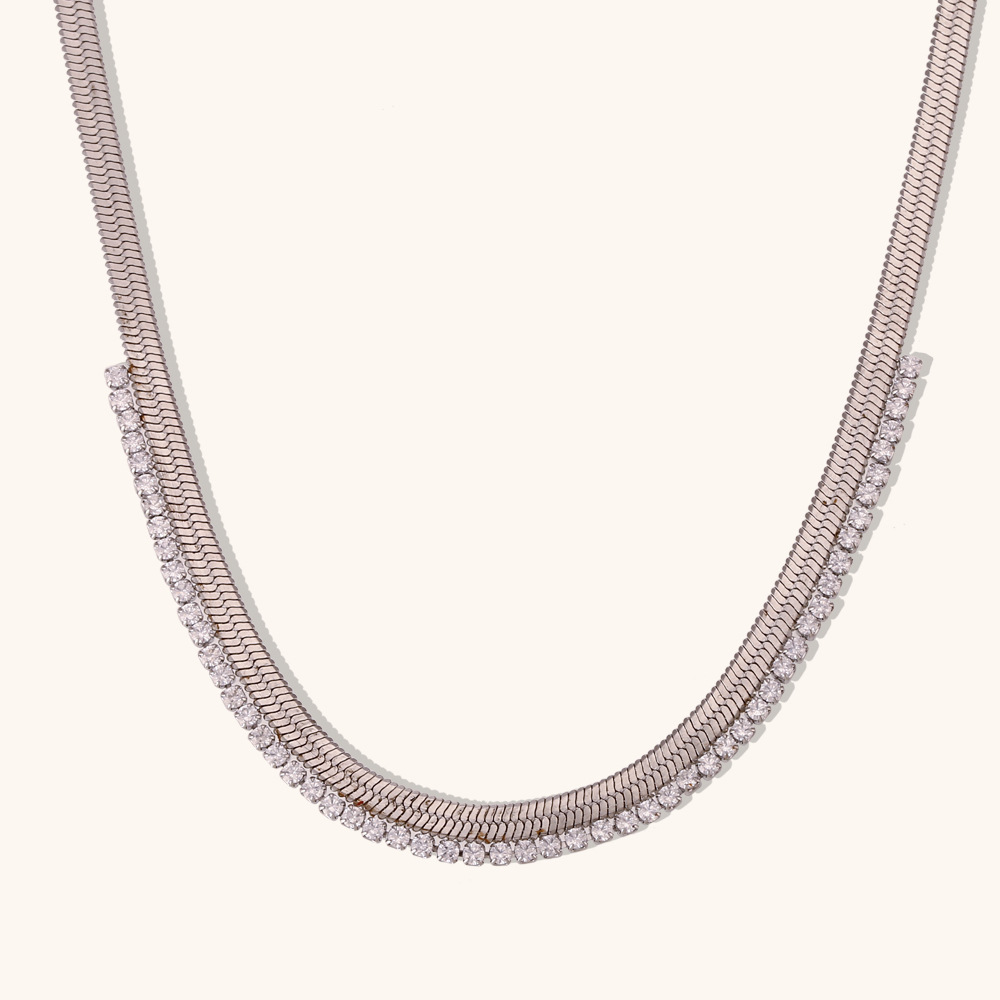 Zircon Fishbone stitching necklace-steel color-white diamond