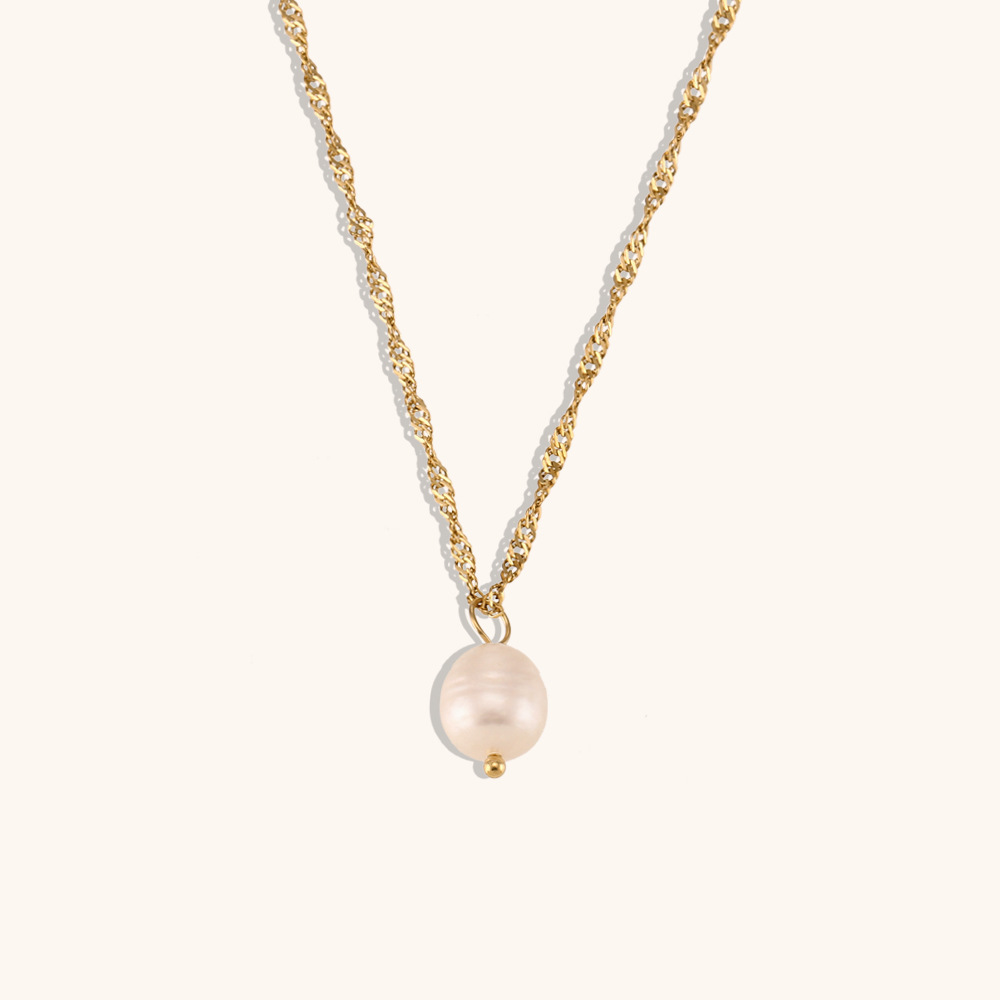 Simple Water Wave Chain Freshwater Pearl Pendant Necklace