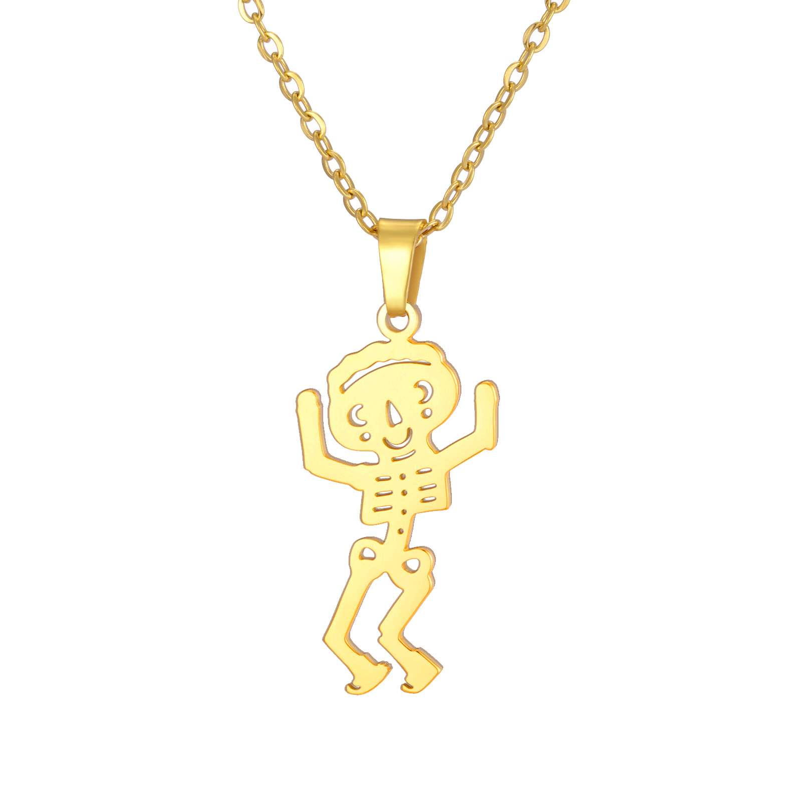 Golden skull stand raises hands and smiles