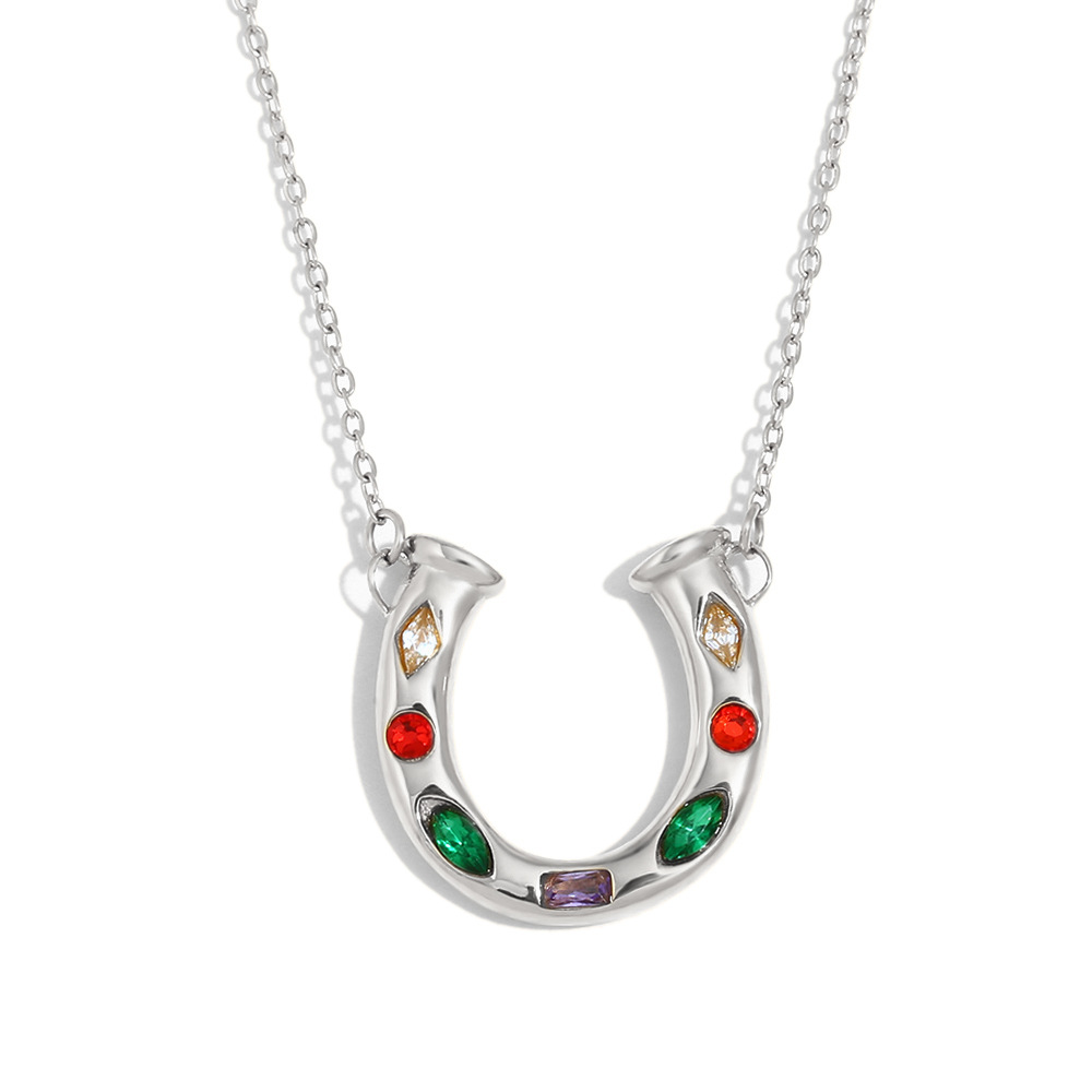 Colored diamond u-shaped pendant necklace-steel color