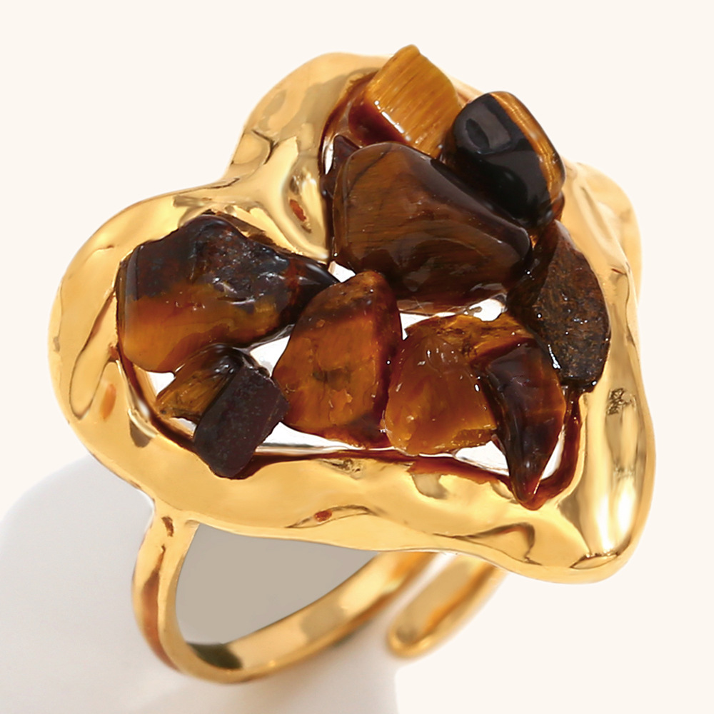 Tiger eye gravel adhesive love open ring-gold