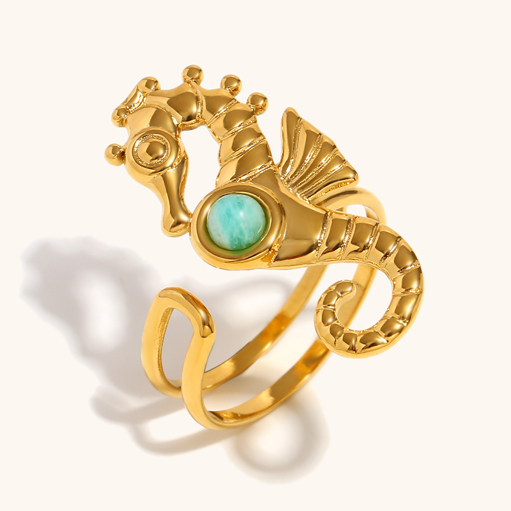 Seahorse amazonite open ring-gold