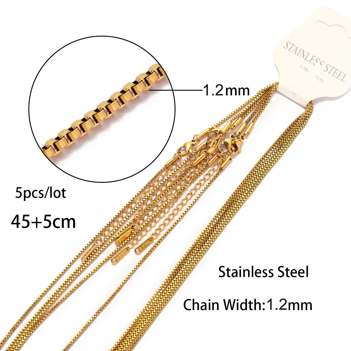 1.2mm box chain 45 5 point gold