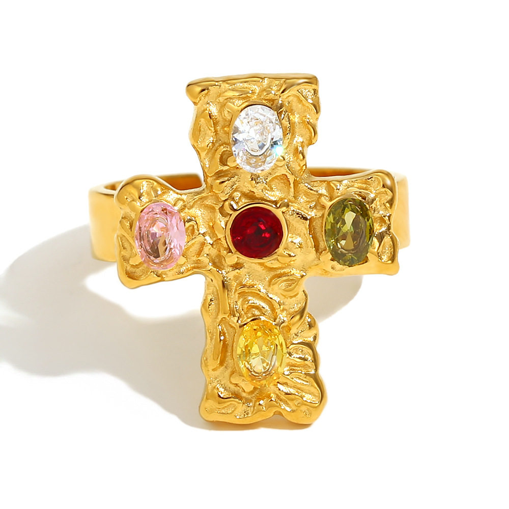 Cross colored diamond open ring-gold