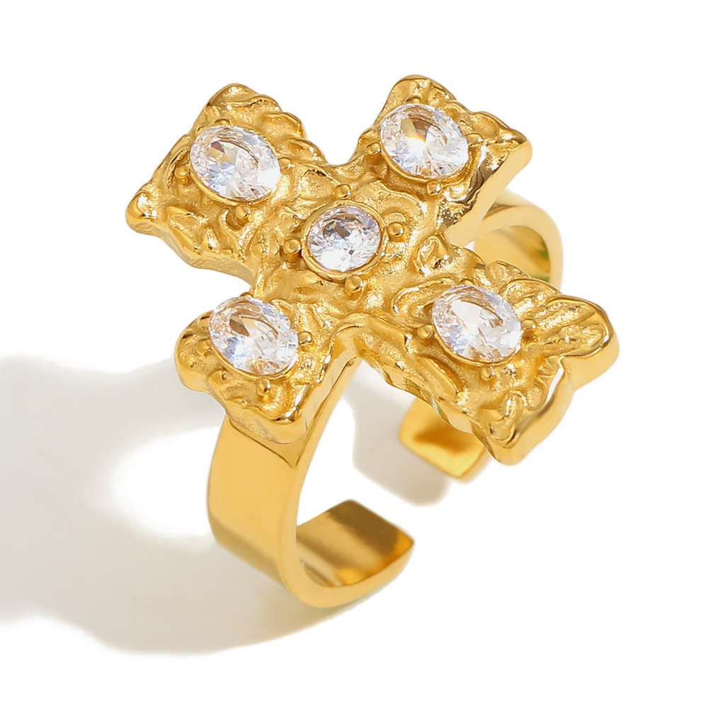 Cross white diamond open ring-gold
