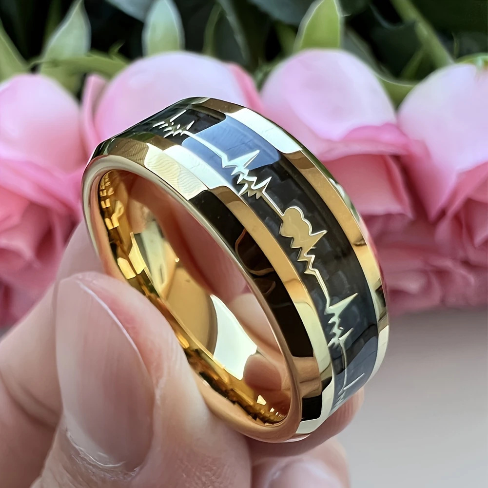 Gold black background carbon fiber ekg ring