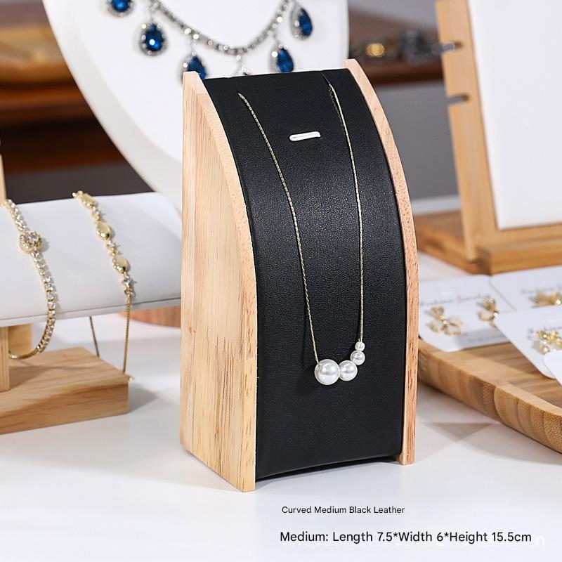 Black leather necklace holder curved medium size