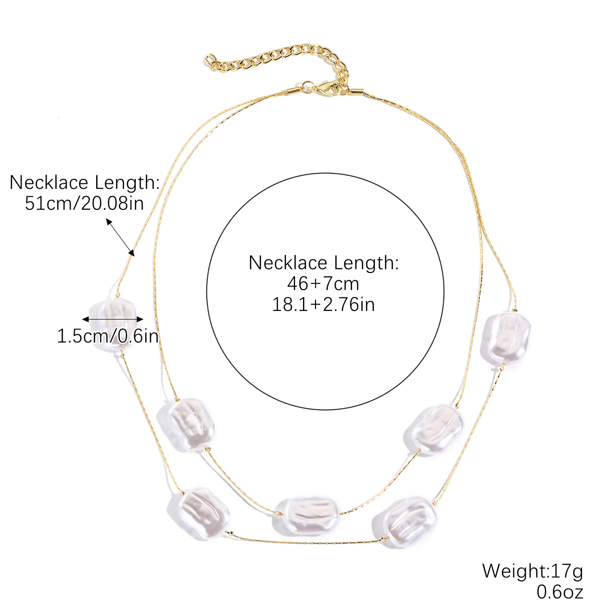 N2504-8 rectangular pearl double layer gold chain