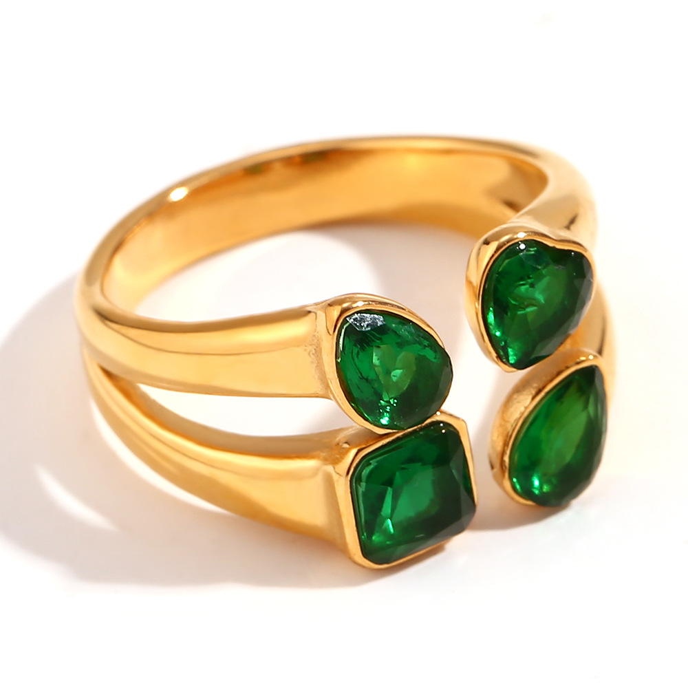 Double Love Geometric Water Drops Zircon Open Ring-Golden Green