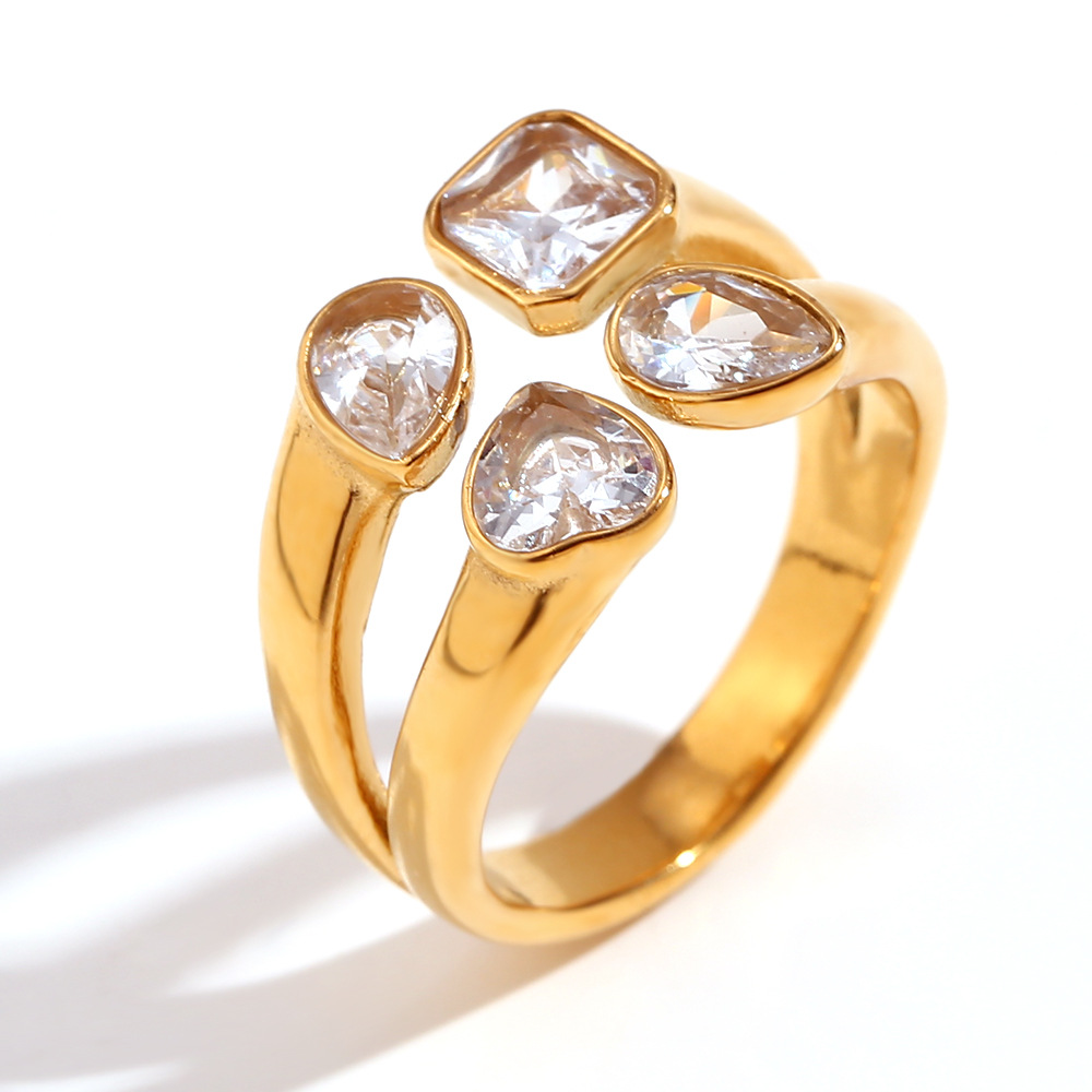 Double Love Geometric Water Drops Zircon Open Ring-Gold White