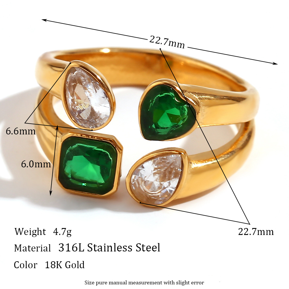 Double-layer love geometric water droplets zircon open ring-gold, green and white mix