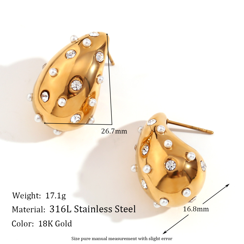 Hollow-out three-dimensional drop earrings on the back-Gold-Pearl White Diamond