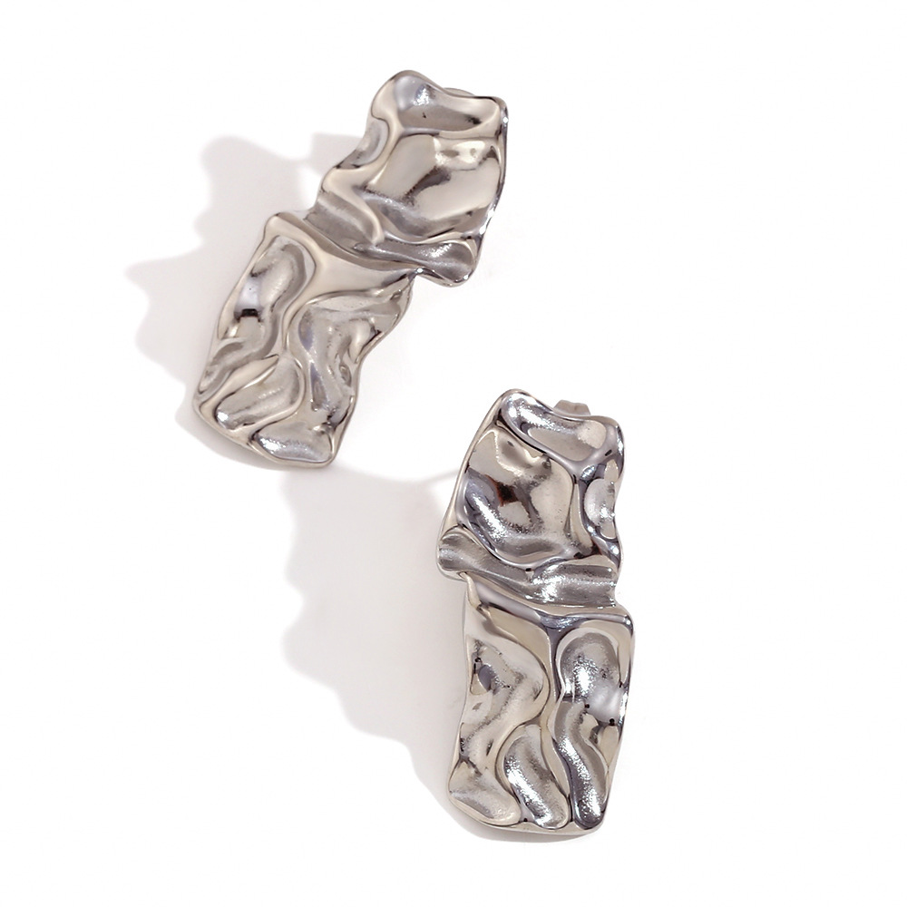 Irregular pleated rectangular stud earrings-steel color